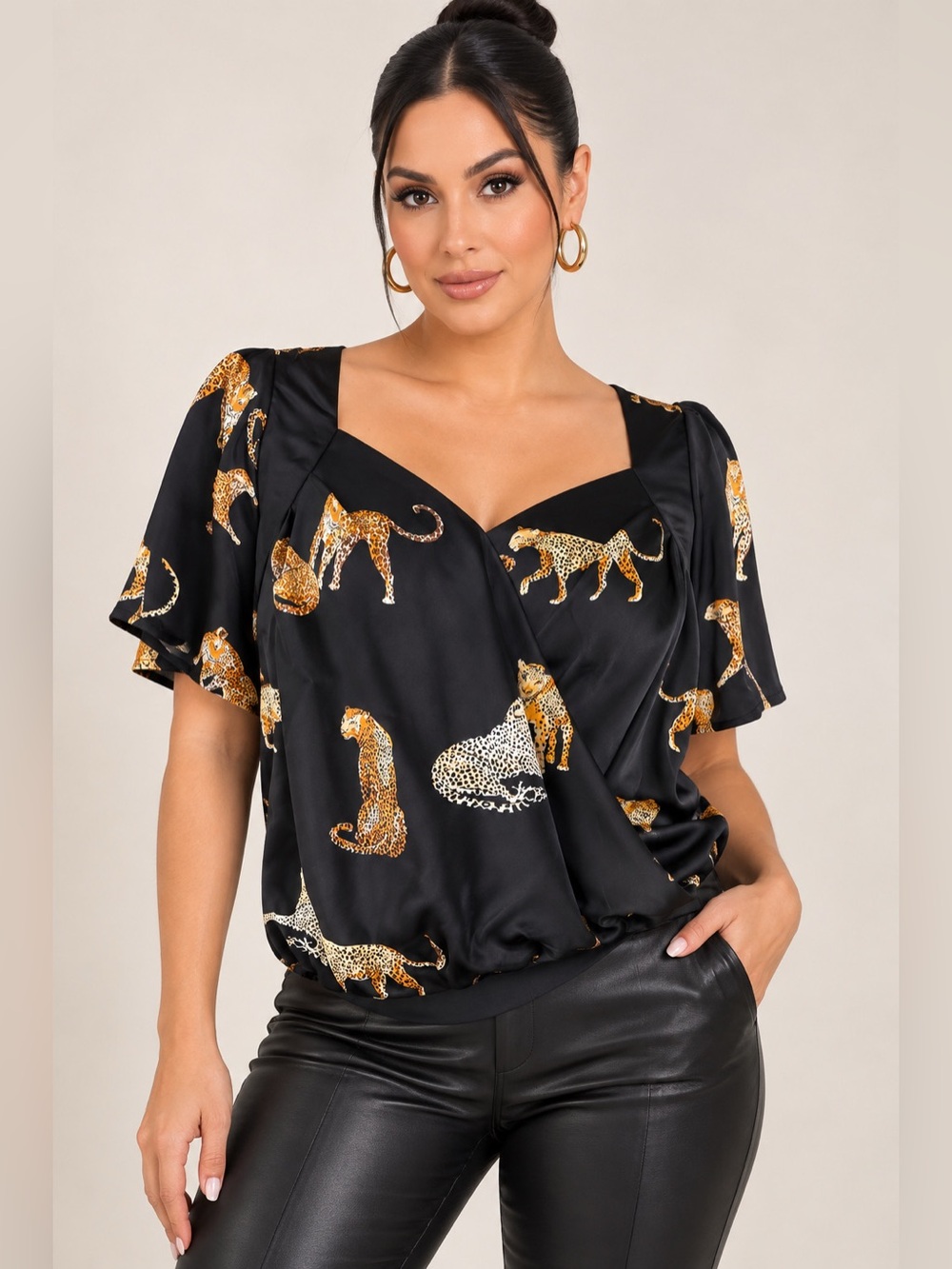 Umgee Black Satin Leopard Motif Wrap Blouse